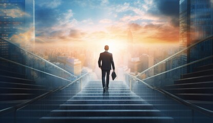 Businessman Climbing Staircase Towards a Bright Future