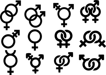 Gender symbols set. Sexual orientation icons. Male, female, transgender, gay, lesbian, bisexual, bigender, travesti, genderqueer and androgyne. High resolution for reuse in postesr and banners. - obrazy, fototapety, plakaty