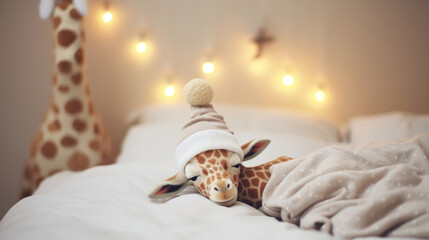Obraz premium Cute giraffe in santa hat sleeping on white sheet, Christmas blurred background