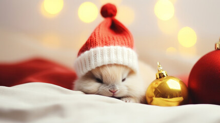 Cute rabbit in santa hat sleeping on white sheet, Christmas blurred background