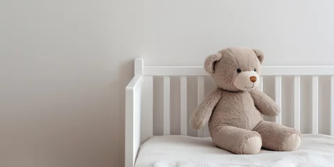 Zelfklevend Fotobehang Modern minimalistic baby room, neutral colors, toy bear © tashechka