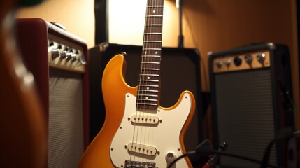 Electric guitar with amplifiers in music studio