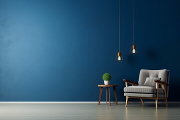 The interior has a armchair on empty dark blue wall background, Generative AI  - obrazy, fototapety, plakaty