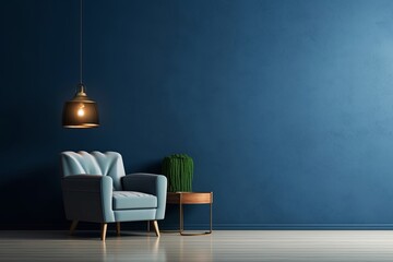 The interior has a armchair on empty dark blue wall background, Generative AI 