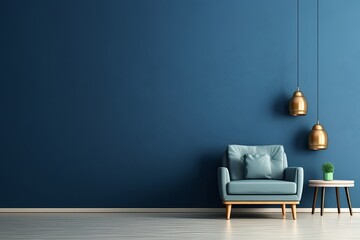 The interior has a armchair on empty dark blue wall background, Generative AI 