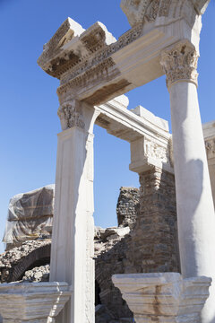 A Close Up Look At Reconstructed Columns Of The Ephesus Ancient City Historic Site In Selcuk; Ephesus, Izmir, Turkey