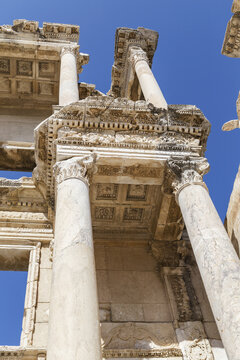 A Close Up Cropped Low Angle View Of The Library Of Celsus At The Ephesus Ancient City Historic Site; Selcuk, Turkey