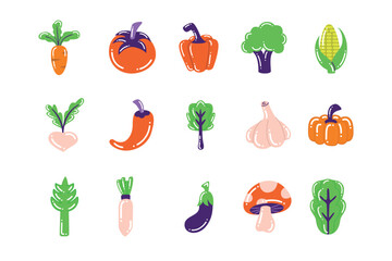 Stylized colorful vegetables and spices illustration bundle