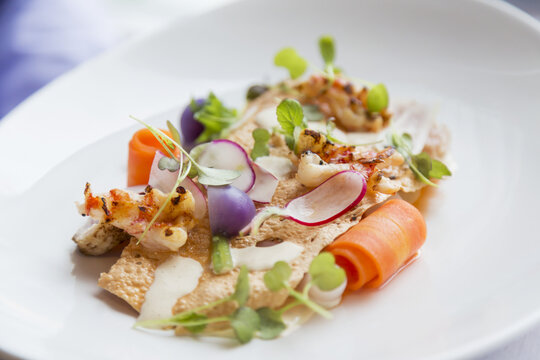 A Healthy Prepared Fine Dining Fresh Salad Of Greens, Root Vegetables And Colorful Vegetables Nicely Arranged On A Plate And Ready For Service; Sooke, British Columbia, Canada