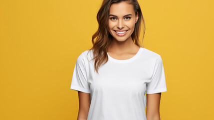 Smile Young Woman fit in Frame wearing bella canvas white shirt mockup,  isolated color background - obrazy, fototapety, plakaty