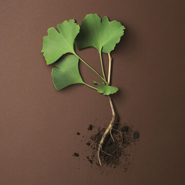 Plant With Green Leaves And Roots Exposed With Soil On A Brown Background; Toronto, Ontario, Canada