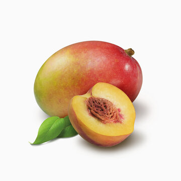 Mango And Half Of A Peach With Leaves On A White Background; Toronto, Ontario, Canada