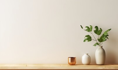 Cream color wall mock up with Vase and green plant on wooden shelf, Generative AI  - obrazy, fototapety, plakaty