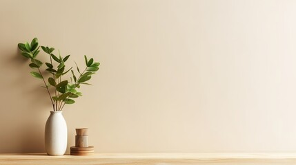 Cream color wall mock up with Vase and green plant on wooden shelf, Generative AI 