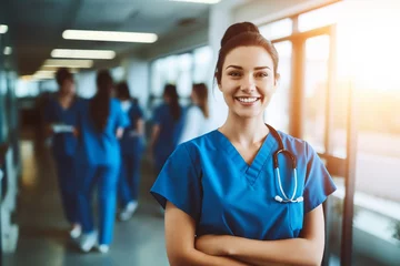 Fotobehang Portrait of a woman in blue scrubs smiling at the camera, a hospital worker in scrubs, Generative AI © Kafi