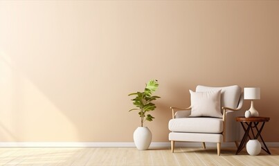 Fototapeta na wymiar Cream color wall mock up in warm tones with armchair and decoration minimal, Generative AI 