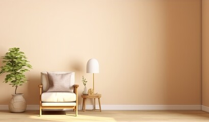 Cream color wall mock up in warm tones with armchair and decoration minimal, Generative AI 