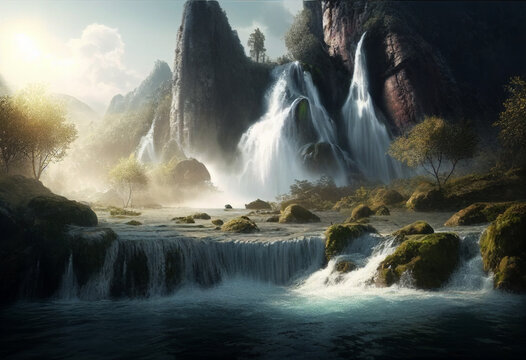 Fototapeta AI generated illustration mountains and waterfalls