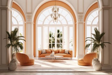 Fototapeta premium Luxurious Entryway with Arched Entranceway, Mirrors, and Beautiful Chandeliers