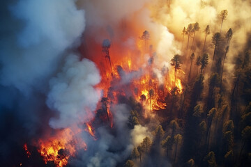 Obraz premium Forest fire burning with a lot of smoke, Generative AI