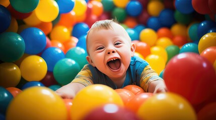 Fototapeta na wymiar happy child with down syndrome lost in play having fun. generative AI