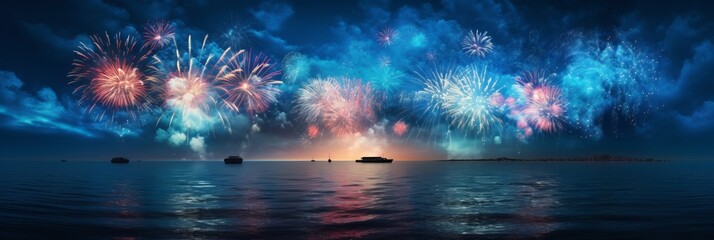 Fototapeta na wymiar Spectacular Fireworks Display Illuminating the Night Sky over the Ocean