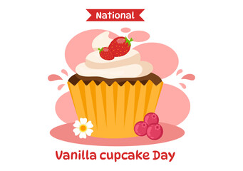 National Vanilla Cupcake Day Vector Illustration on 10 November of Cupcakes with Strawberry and Vanilla Cream in Flat Cartoon Pink Background Design