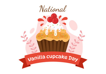 National Vanilla Cupcake Day Vector Illustration on 10 November of Cupcakes with Strawberry and Vanilla Cream in Flat Cartoon Pink Background Design