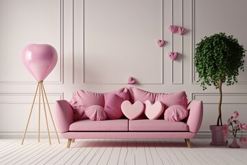 Valentine interior room have pink sofa and home decor for valentine's day, Generative AI 