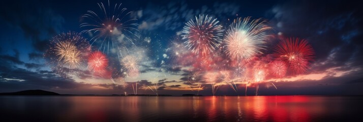 Fireworks Spectacular: Colorful Explosions Lighting Up the Night Sky over the Reflective Water
