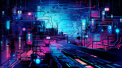 Vivid Cyan and Magenta Background Symbolizing AGI Integration in Data Science, Technological Innovation, and Cognitive Development - Generative AI