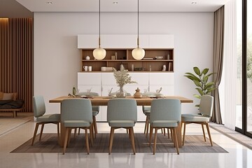 Modern dining room interior design with white wall, Generative AI 