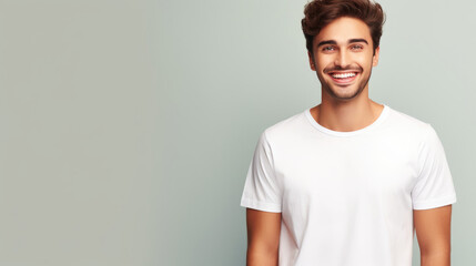 Smile Young Man fit in Frame wearing bella canvas white shirt mockup,  isolated color background - obrazy, fototapety, plakaty