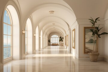 Obraz premium Modern Hallway Design for Luxury Homes with Elegant Lighting, Marble Floors, and Artistic Wall Decor