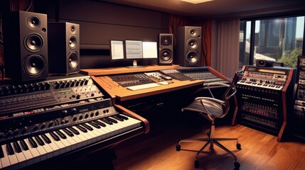 Fototapeta na wymiar Recording control room complete with mixing desk. amplifier, piano, guitar, microphone