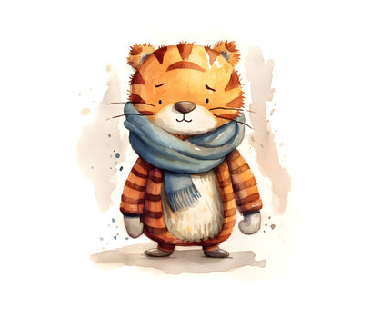 Watercolour illustration of tigr in a scarf autumn in a scarf isolated on   white background as  PNG, generative AI animal clipart 