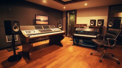 Recording control room complete with mixing desk. amplifier, piano, guitar, microphone