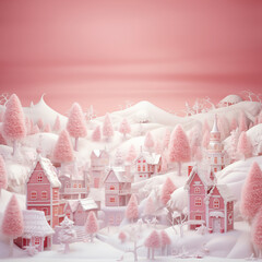 A beautiful 3D fantasy city with snow-covered houses, trees, and streets, boasting a pastel-shaded mood and tone during the winter season. Generative AI.