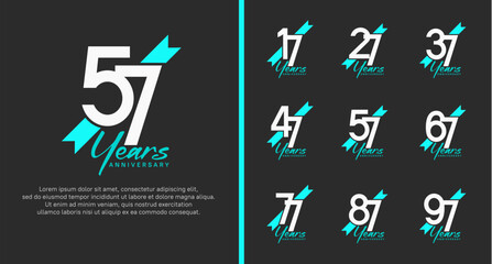 set of anniversary logo white color number and blue ribbon on black background for celebration