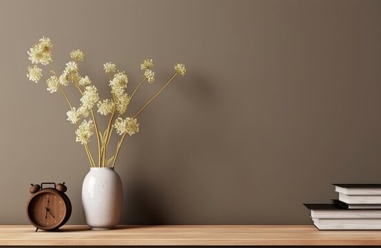 Interior wall mock up with flower vase, dark brown wall and wooden shelf, Generative AI 