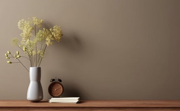 Interior wall mock up with flower vase, dark brown wall and wooden shelf, Generative AI 