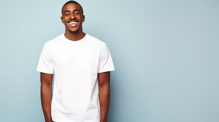 Smile African man fit in Frame wearing bella canvas white shirt mockup,  isolated color background