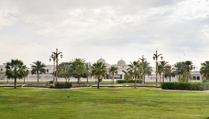 View from the window of a tourist bus on the presidential palace - Qasr Al Watan in Abu Dhabi city, United Arab Emirates