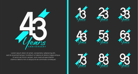 set of anniversary logo white color number and blue ribbon on black background for celebration