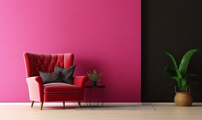 Viva magenta wall background mockup with armchair furniture and decor, Generative AI