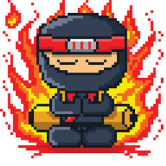 8 bit pixel fire and flame ninjutsu of red ninja vector illustration