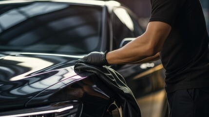 Worker cleaning and detailing a car with micro fiber cloth. generative AI - obrazy, fototapety, plakaty