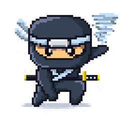 8 bit pixel Japanese White Ninja Cyclone Elements Character vector Illustration