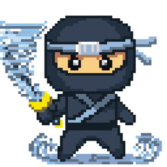 8 bit pixel Japanese Grey Ninja Katana Cyclone Elements Character Vector Illustration