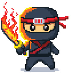 8 bit pixel Japanese Red Ninja Katana Fire Elements Character Vector Illustration